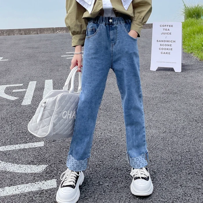 Girls High Waist Elastic Denim Pencil Pants Solid jeans